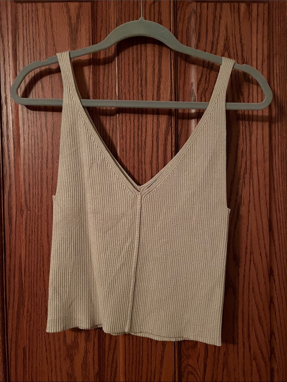 Ribbed V-Neck Crop Tank Top in Light Beige
